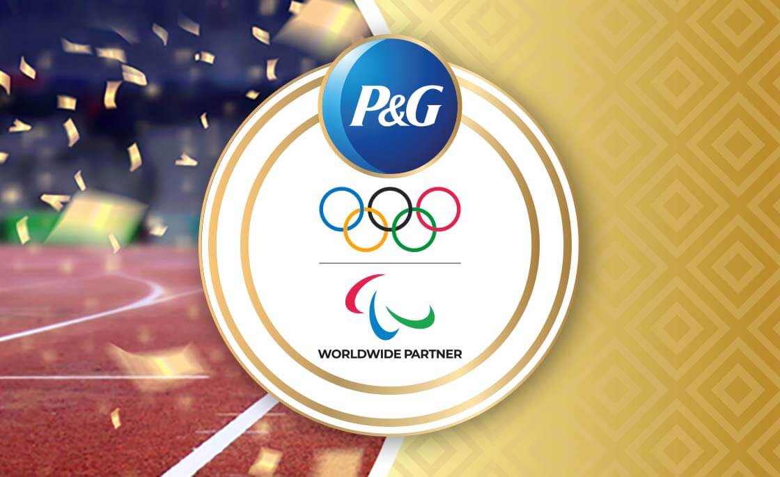 P&G logo above the olympics logo on a gold background